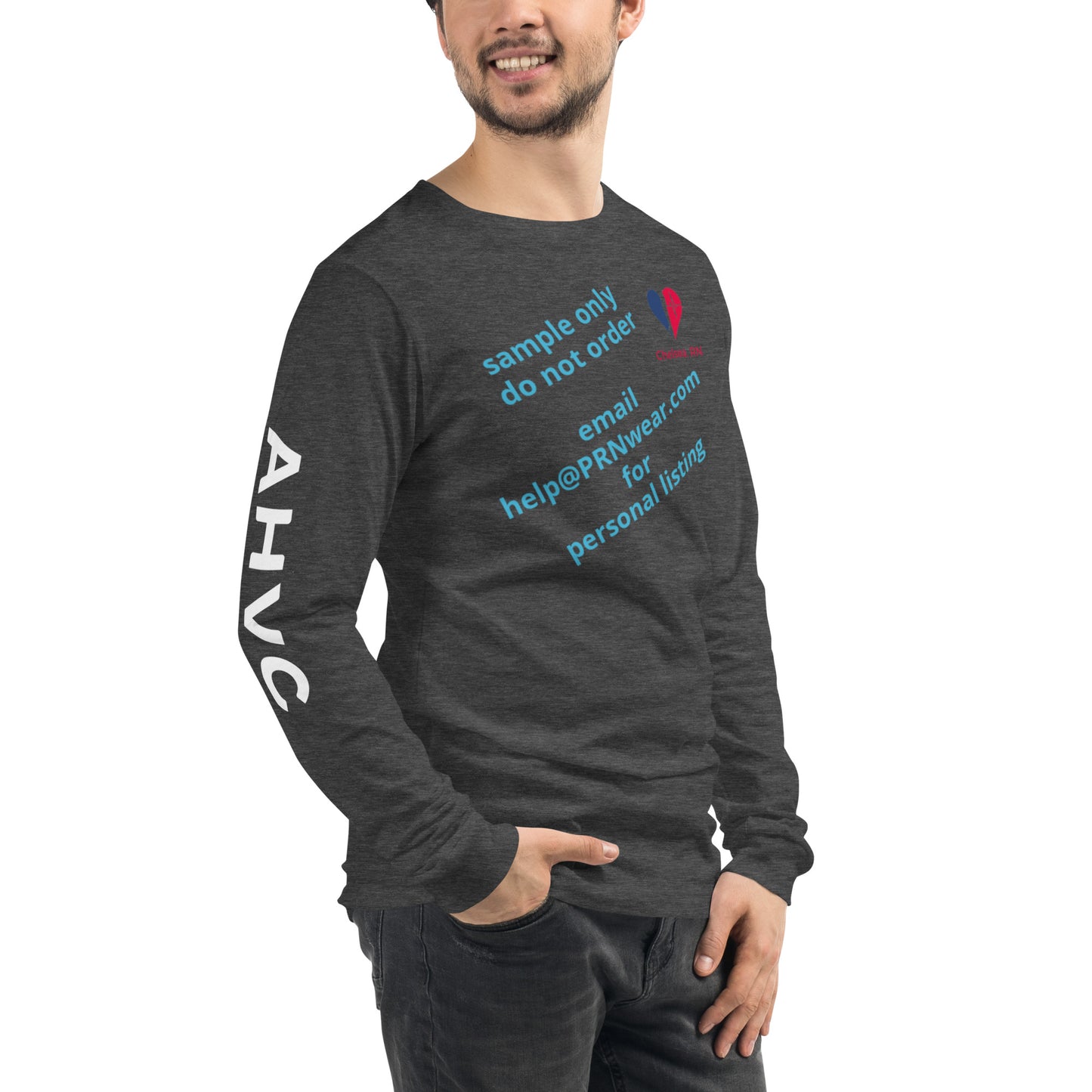 AHVC Personalized Unisex Long Sleeve Tee Front, Back, and Right Sleeve (Black & Dark Grey) ***DO NOT order this listing, this is sample only***